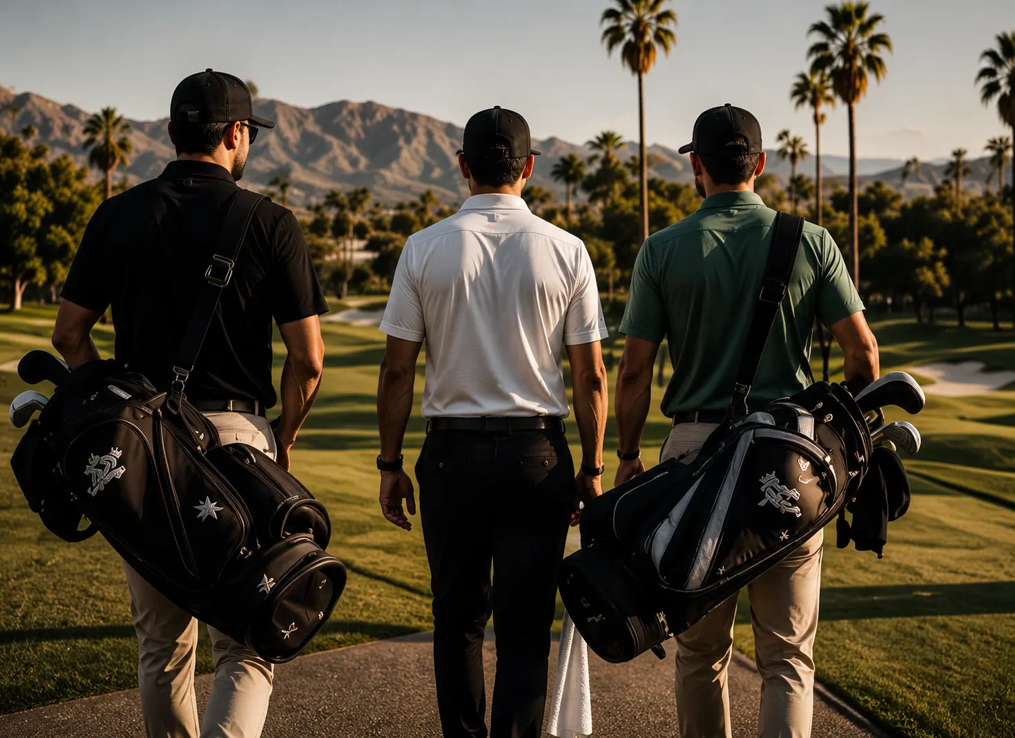 Cultura Golf members walking the course together with branded bags
