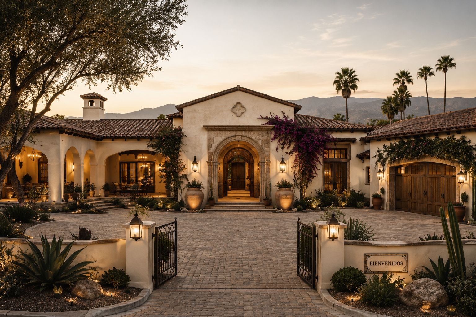 A &lsquo;Bienvenidos&rsquo; Spanish-hacienda clubhouse at dusk